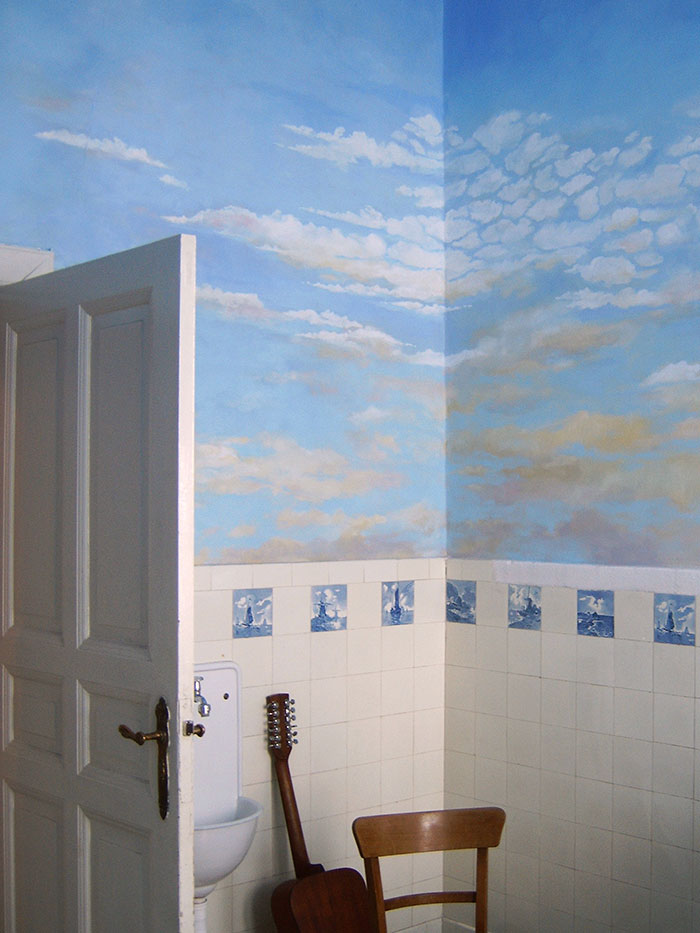 himmelmalerei, wandmalerei,atelier wandlungen, küche, wolken, blau berlin