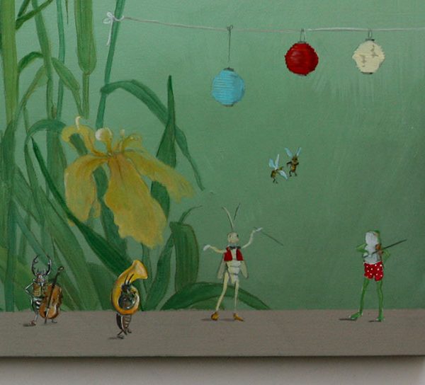 Kinderbild mit Wasserlilien, Frosch und Insekten