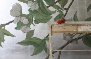 wandbespannung versilberung apfel zweig malerei decoration atelier wandlungen